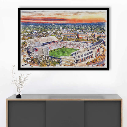 Auburn Tigers, Jordan Hare Painting Stadium Watercolor, Sport Gift Art, Framed Art Print Wall Decor
