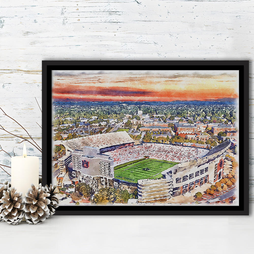 Auburn Tigers, Jordan Hare Painting Stadium Watercolor, Sport Gift Art, Framed Canvas Print Wall Art
