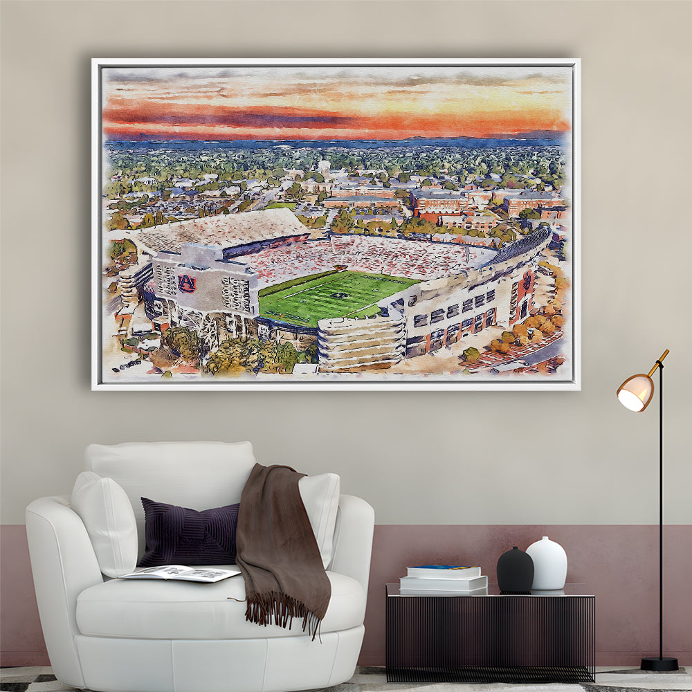 Auburn Tigers, Jordan Hare Painting Stadium Watercolor, Sport Gift Art, Framed Canvas Print Wall Art