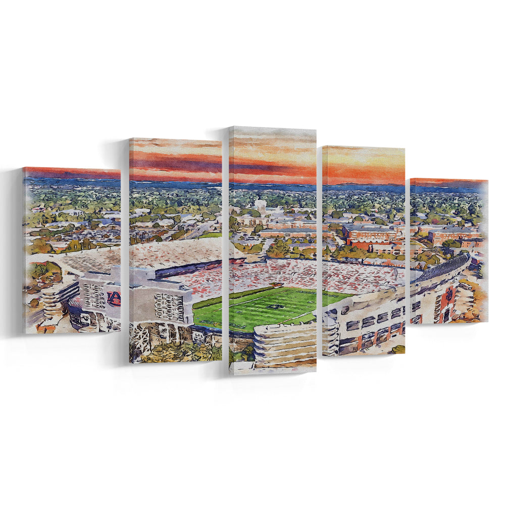 Auburn Tigers, Jordan Hare Painting Stadium Watercolor, Sport Art, Mixed 5 Panel, Canvas Print Wall Art