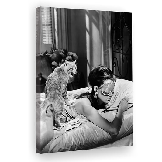 Audrey Hepburn Canvas Print Wall Art, Black and White, Vintage Photo, Classic Hollywood Art, Woman and Cat Wall Decor