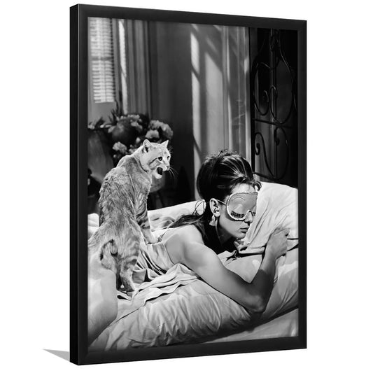 Audrey Hepburn Framed Art Print Wall Decor, Black and White, Woman and Cat Wall Decor