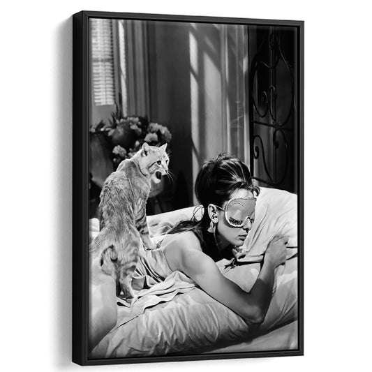 Audrey Hepburn Framed Canvas Print Wall Art, Black and White, Woman and Cat Wall Decor