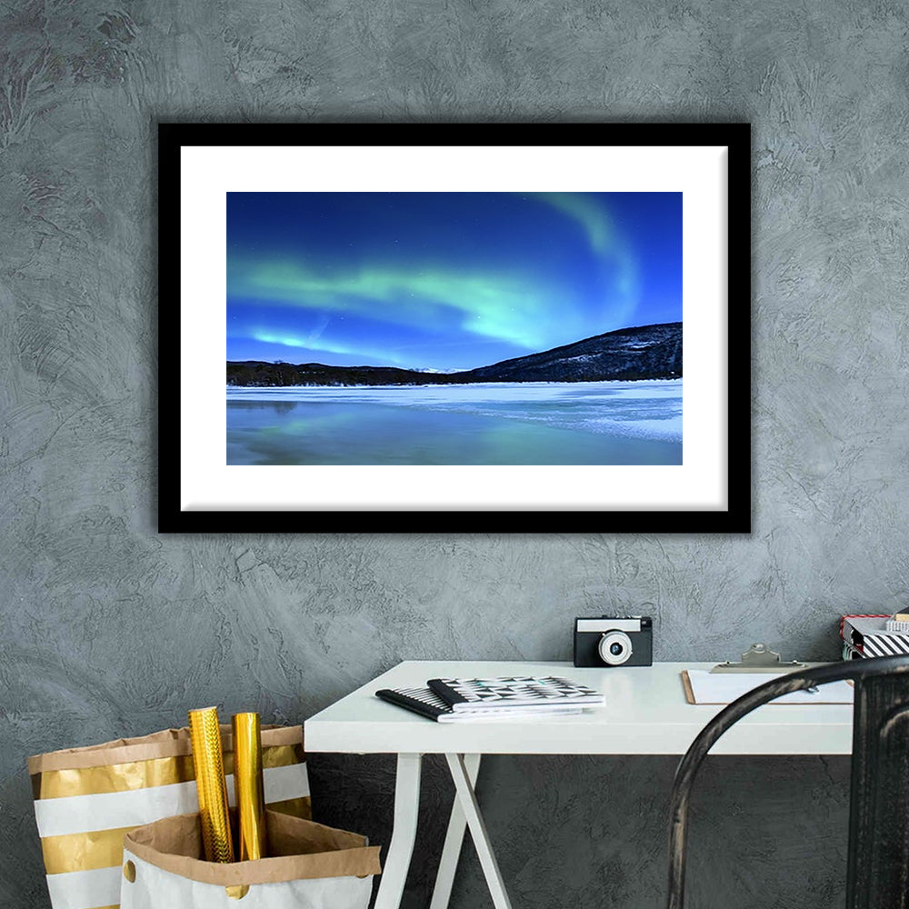 Aurora Borealis Tennevik Lake Troms Norway Large Stretched, Framed Art Print White Border
