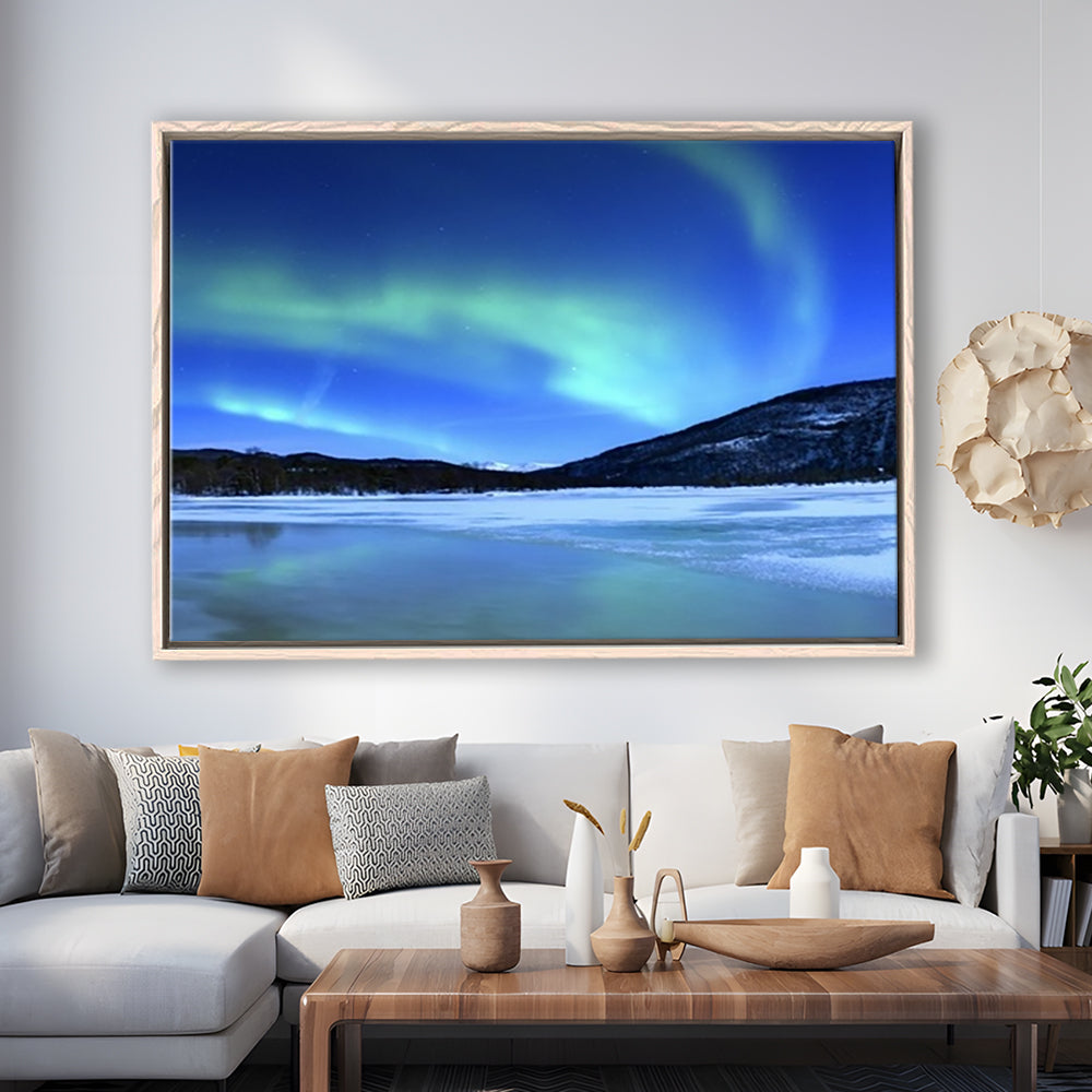 Aurora Borealis Tennevik Lake Troms Norway Large Stretched Canvas, Framed Cavas Print, Floating Frame