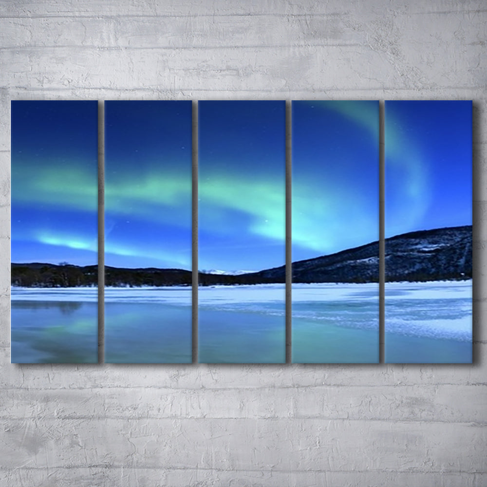 Aurora Borealis Tennevik Lake Troms Norway Large Stretched Canvas, 5 Piece B Extra Large Cavas Print Wall Art Decor