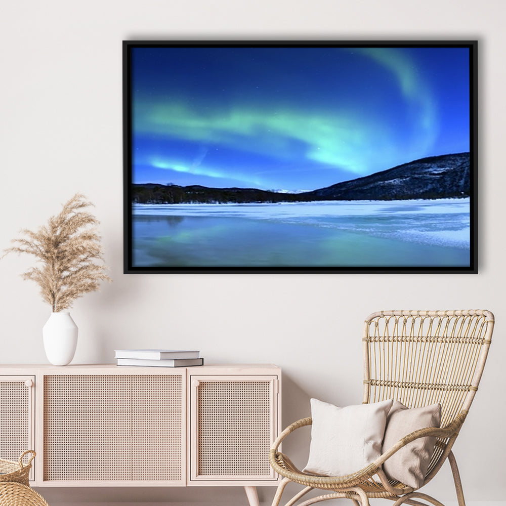 Aurora Borealis Tennevik Lake Troms Norway Large Stretched Canvas, Framed Cavas Print, Floating Frame