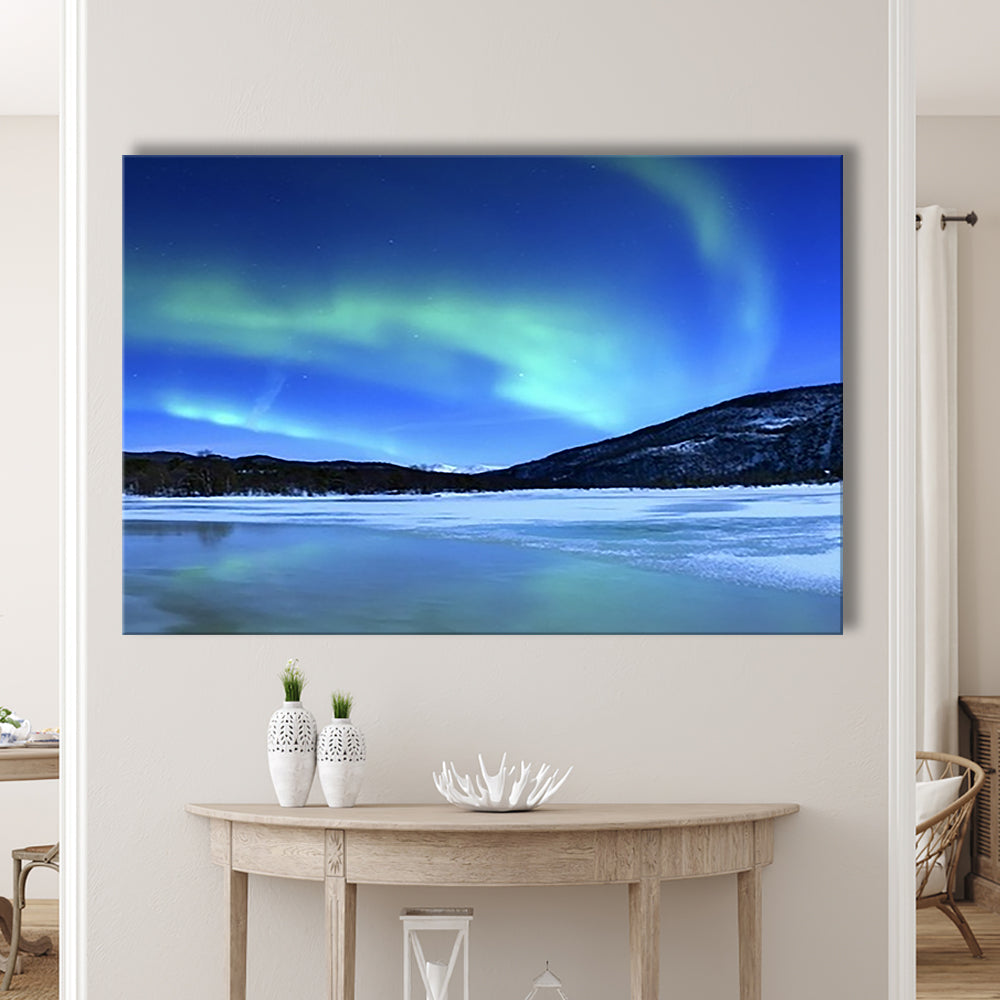 Aurora Borealis Tennevik Lake Troms Norway Large Stretched Canvas, Cavas Print Wall Art Hom Decor