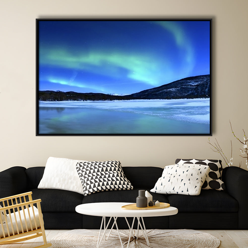 Aurora Borealis Tennevik Lake Troms Norway Large Stretched Canvas, Framed Cavas Print, Floating Frame