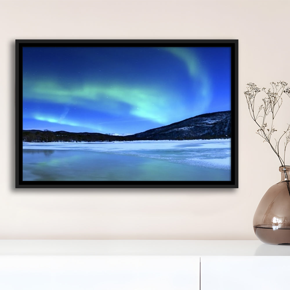 Aurora Borealis Tennevik Lake Troms Norway Large Stretched Canvas, Framed Cavas Print, Floating Frame