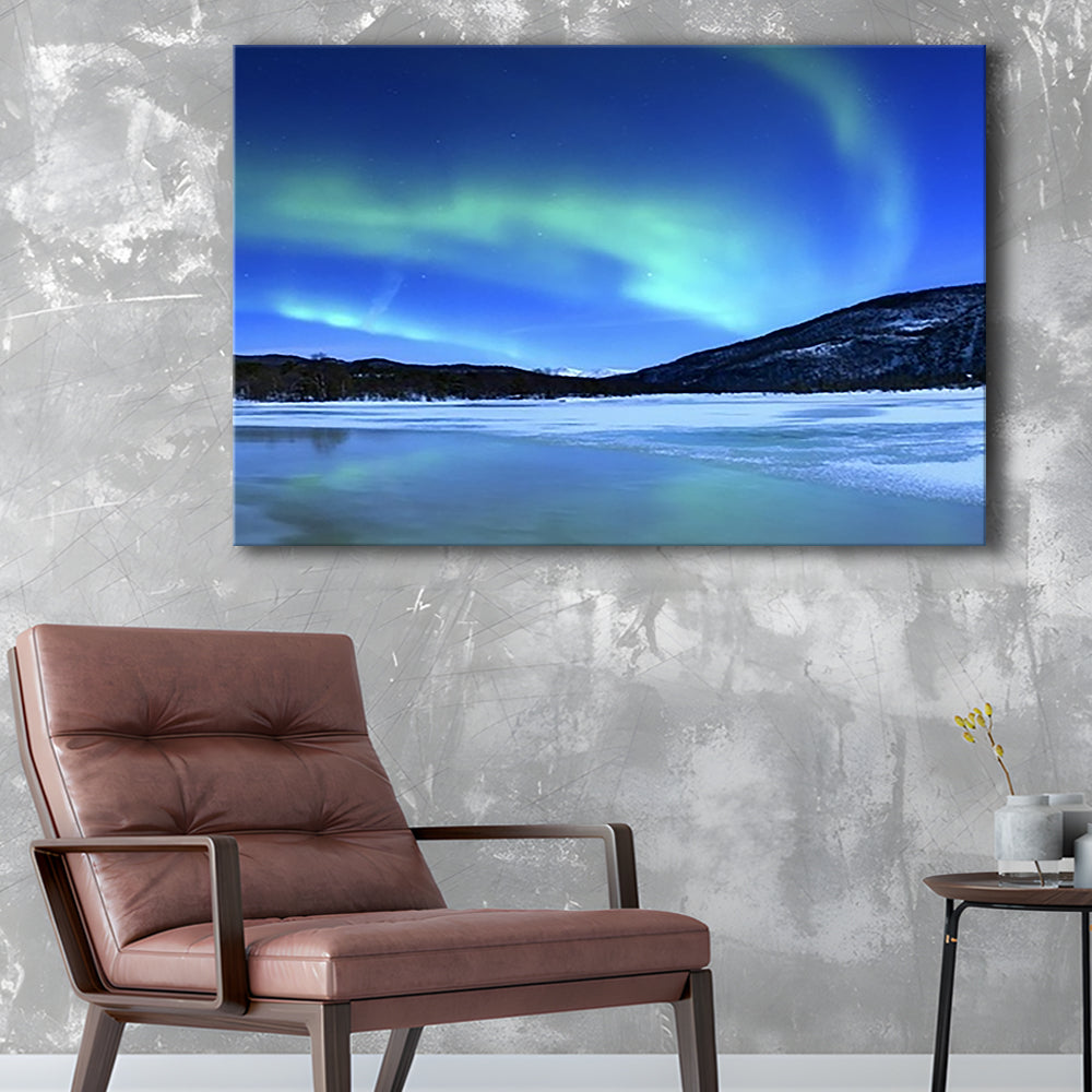 Aurora Borealis Tennevik Lake Troms Norway Large Stretched Canvas, Cavas Print Wall Art Hom Decor