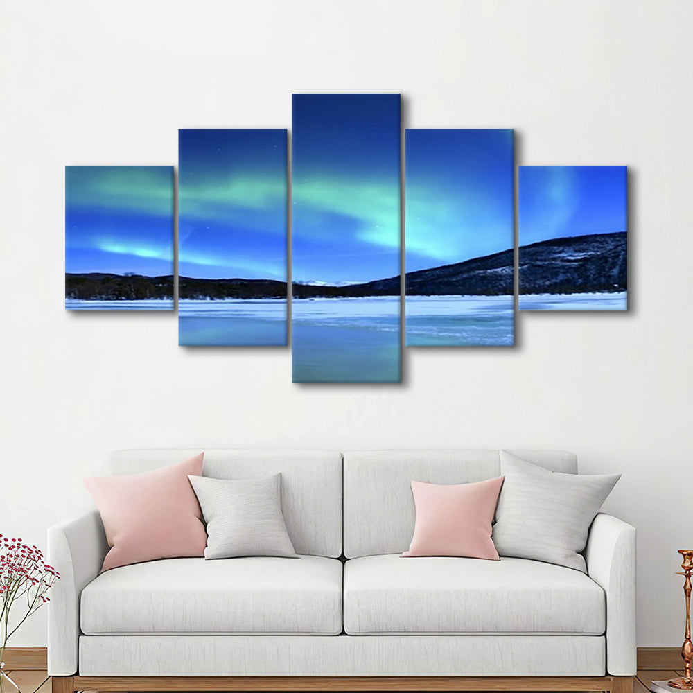 Aurora Borealis Tennevik Lake Troms Norway Large Stretched Canvas, 5 Piece Large Cavas Print Wall Art