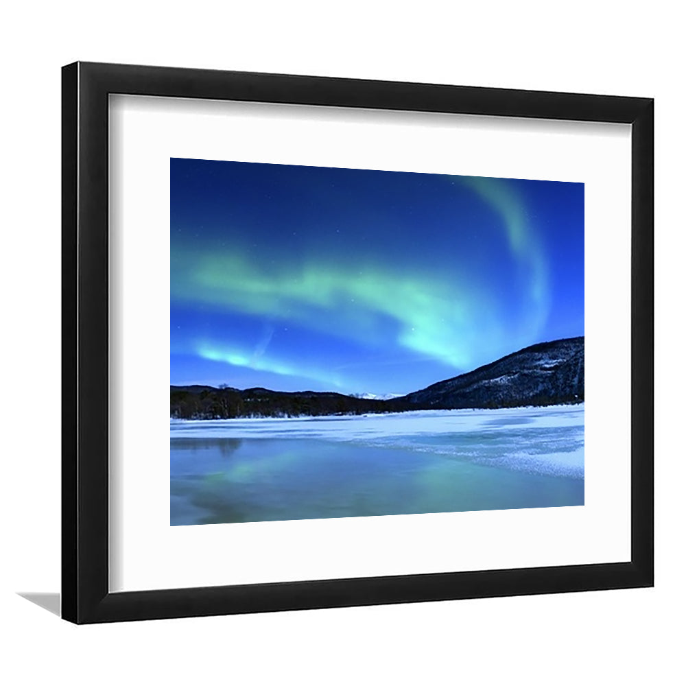 Aurora Borealis Tennevik Lake Troms Norway Large Stretched, Framed Art Print White Border