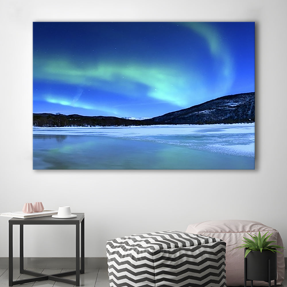 Aurora Borealis Tennevik Lake Troms Norway Large Stretched Canvas, Cavas Print Wall Art Hom Decor