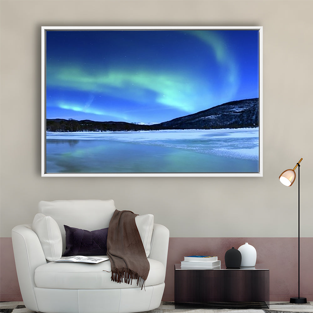Aurora Borealis Tennevik Lake Troms Norway Large Stretched Canvas, Framed Cavas Print, Floating Frame
