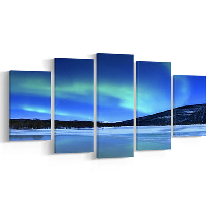 Aurora Borealis Tennevik Lake Troms Norway Large Stretched Canvas, 5 Piece Large Cavas Print Wall Art