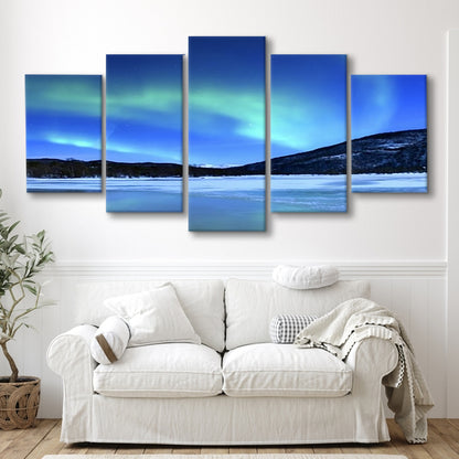 Aurora Borealis Tennevik Lake Troms Norway Large Stretched Canvas, 5 Piece Large Cavas Print Wall Art