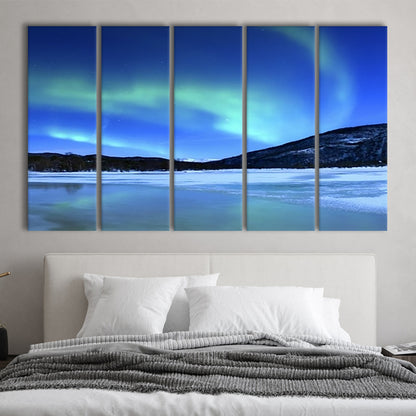 Aurora Borealis Tennevik Lake Troms Norway Large Stretched Canvas, 5 Piece B Extra Large Cavas Print Wall Art Decor
