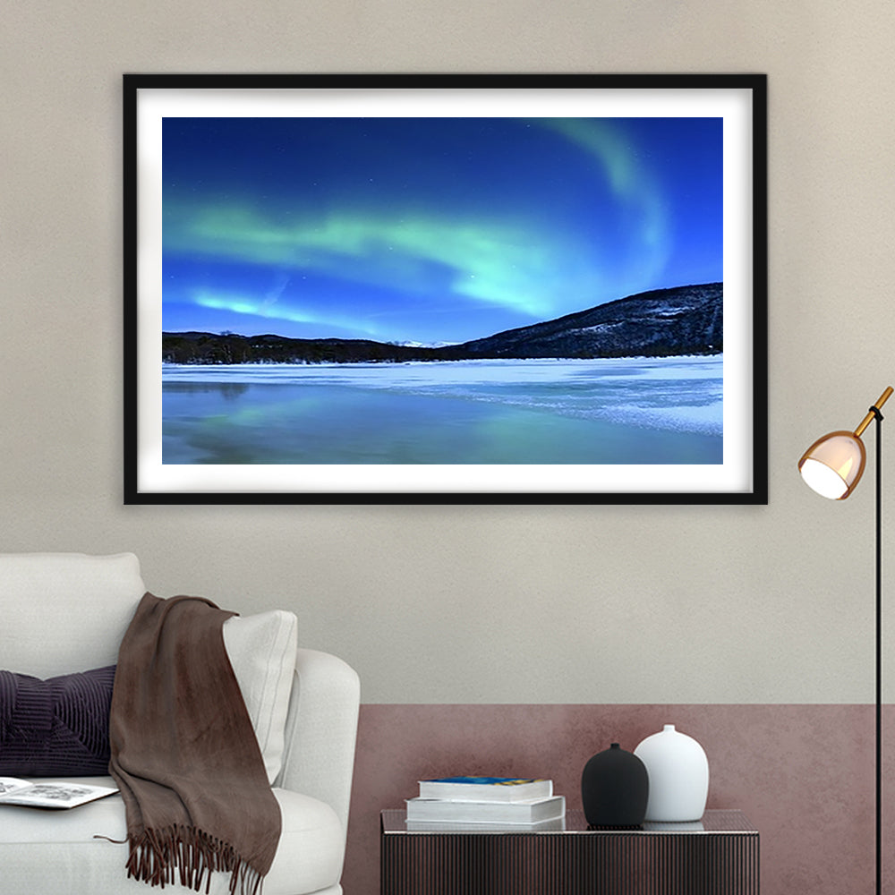 Aurora Borealis Tennevik Lake Troms Norway Large Stretched, Framed Art Print White Border