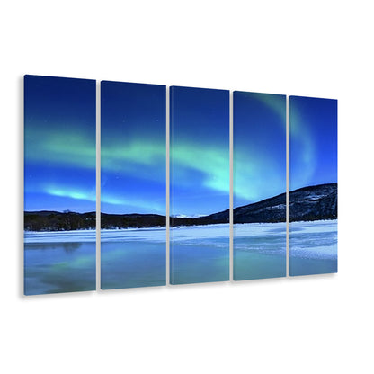 Aurora Borealis Tennevik Lake Troms Norway Large Stretched Canvas, 5 Piece B Extra Large Cavas Print Wall Art Decor