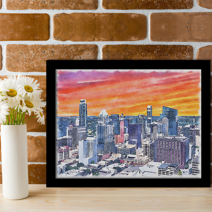 Austin Watercolor Painting Canvas, Austin Texas, Sport Gift Art, Framed Art Print Wall Decor