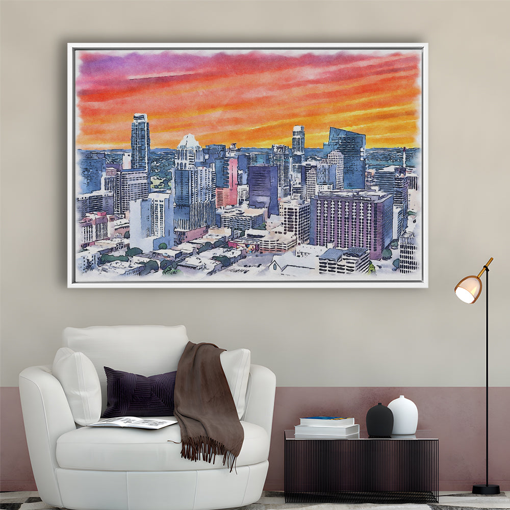 Austin Watercolor Painting Canvas, Austin Texas, Sport Gift Art, Framed Canvas Print Wall Art
