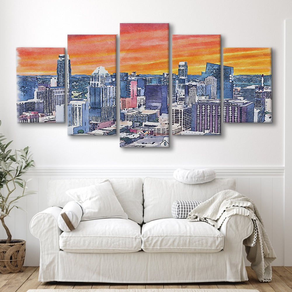 Austin Watercolor Painting Canvas, Austin Texas, Sport Art, Mixed 5 Panel, Canvas Print Wall Art