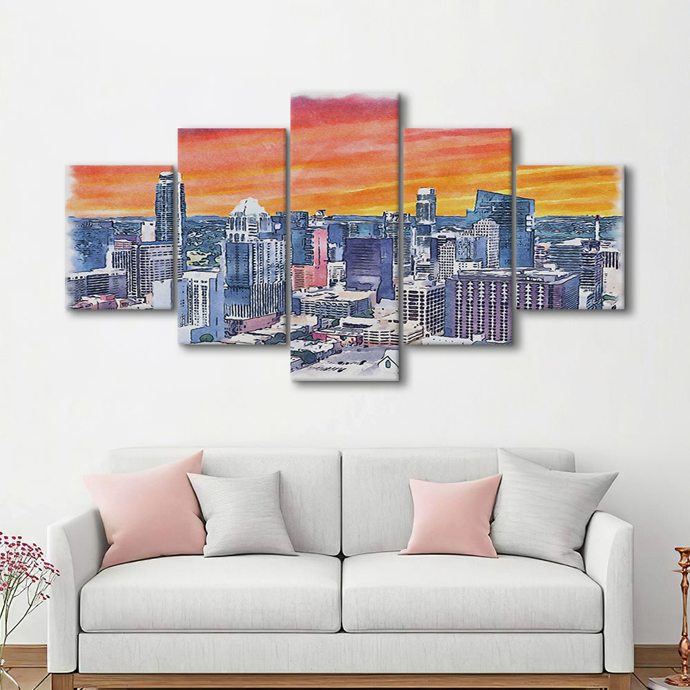 Austin Watercolor Painting Canvas, Austin Texas, Sport Art, Mixed 5 Panel, Canvas Print Wall Art