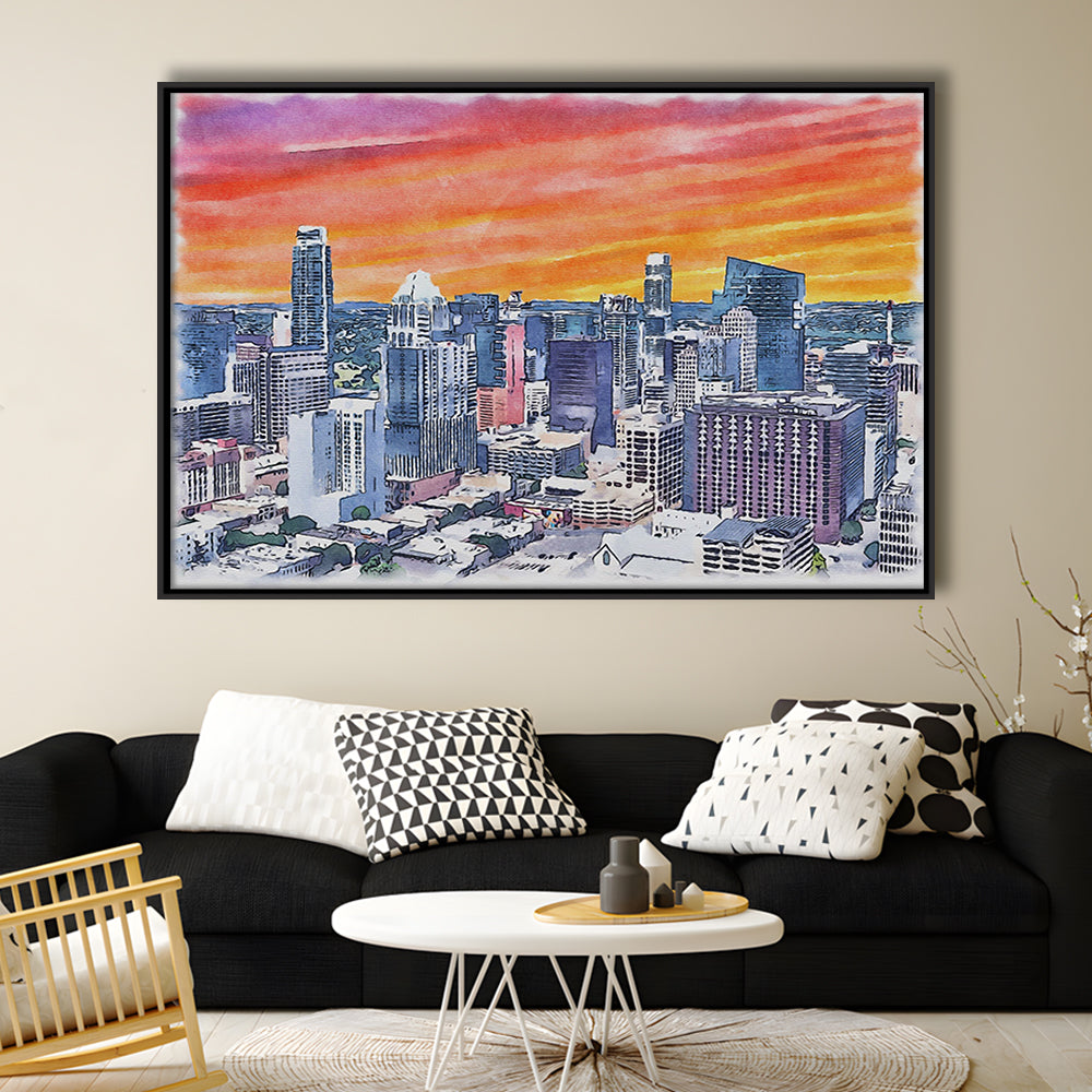 Austin Watercolor Painting Canvas, Austin Texas, Sport Gift Art, Framed Canvas Print Wall Art