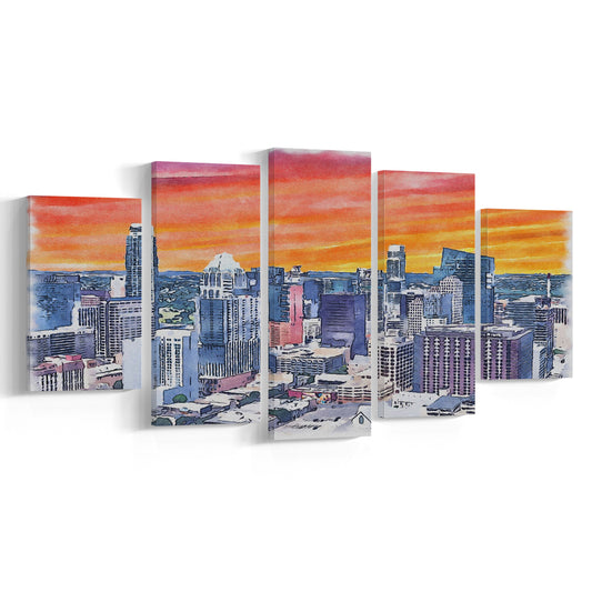 Austin Watercolor Painting Canvas, Austin Texas, Sport Art, Mixed 5 Panel, Canvas Print Wall Art
