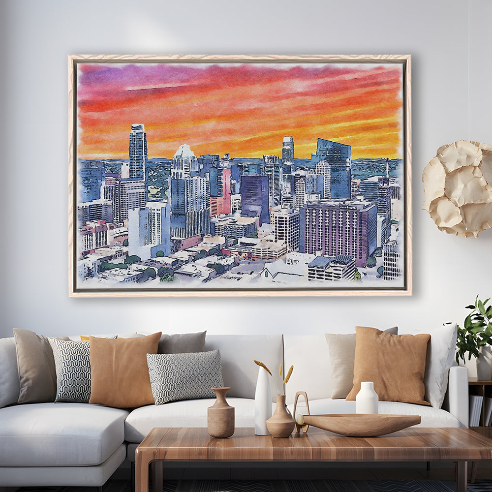 Austin Watercolor Painting Canvas, Austin Texas, Sport Gift Art, Framed Canvas Print Wall Art