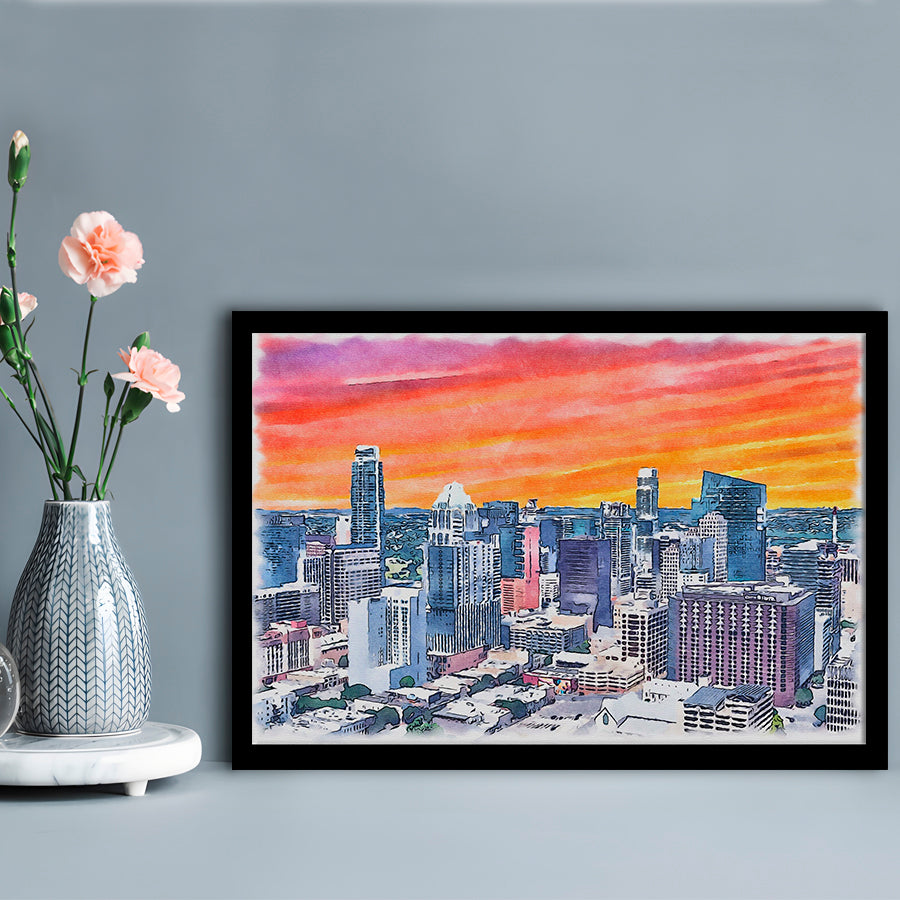 Austin Watercolor Painting Canvas, Austin Texas, Sport Gift Art, Framed Art Print Wall Decor