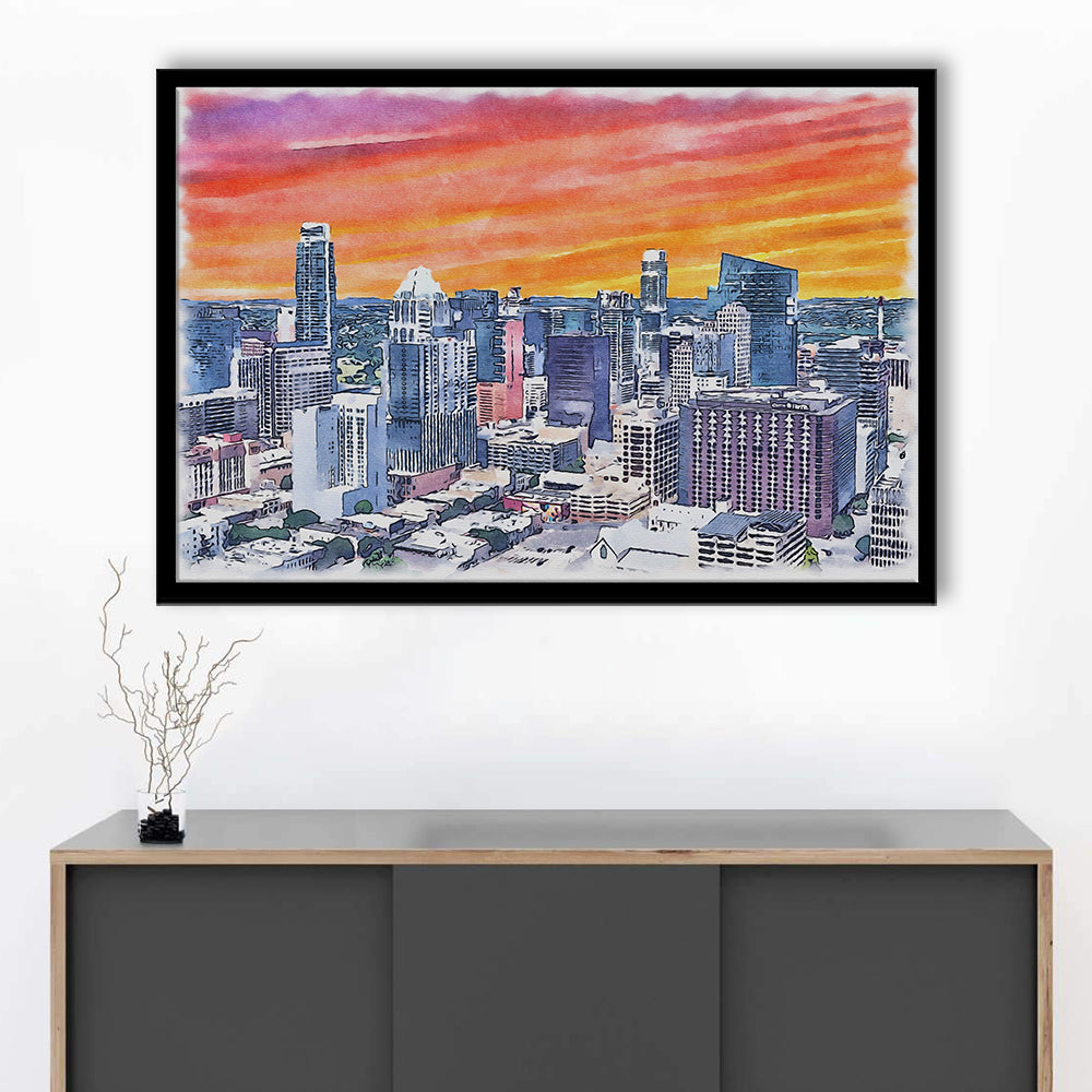 Austin Watercolor Painting Canvas, Austin Texas, Sport Gift Art, Framed Art Print Wall Decor