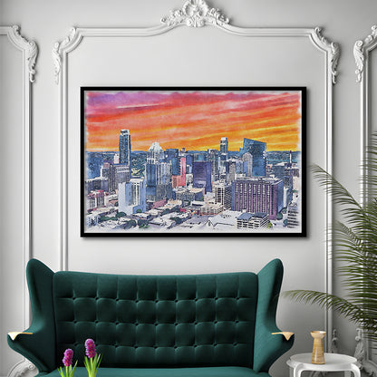 Austin Watercolor Painting Canvas, Austin Texas, Sport Gift Art, Framed Art Print Wall Decor