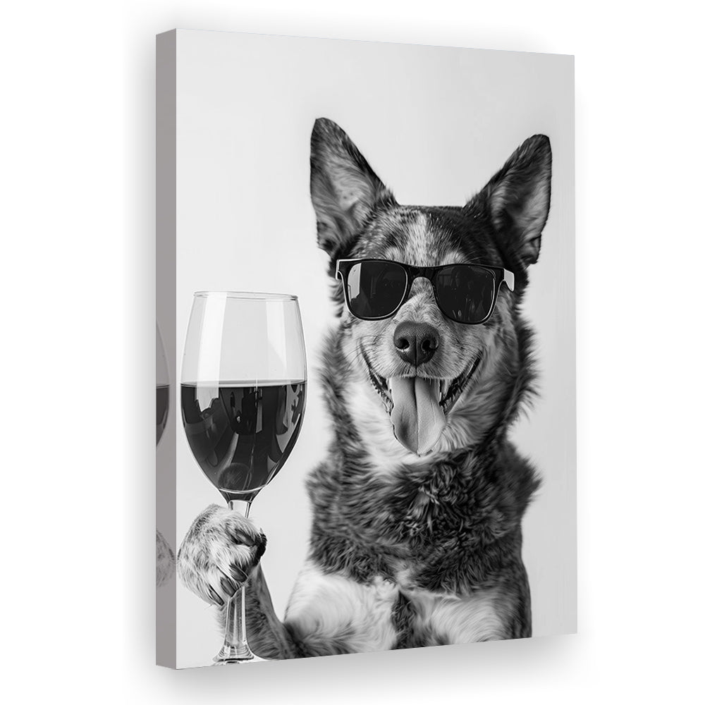 Australian Cattle Dog and Wine Canvas Print Wall Art, Black and White,, Kitchen Wall Decor