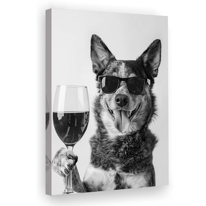 Australian Cattle Dog and Wine Canvas Print Wall Art, Black and White,, Kitchen Wall Decor