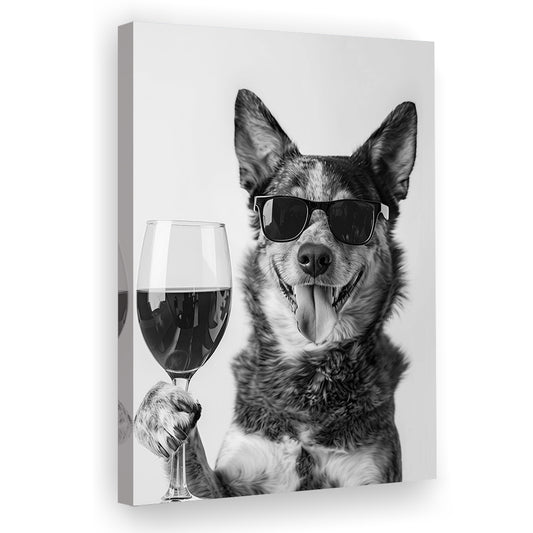 Australian Cattle Dog and Wine Canvas Print Wall Art, Black and White,, Kitchen Wall Decor