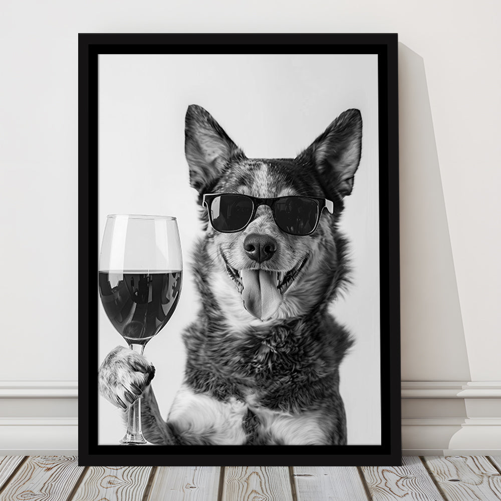 Australian Cattle Dog and Wine Framed Canvas Print Wall Art, Black and White, Kitchen Wall Decor