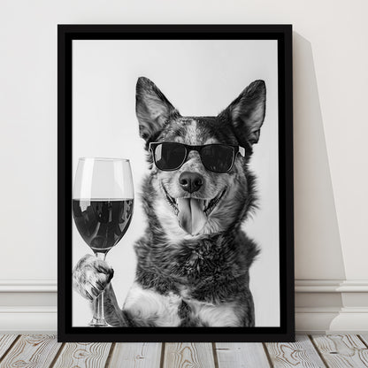 Australian Cattle Dog and Wine Framed Canvas Print Wall Art, Black and White, Kitchen Wall Decor