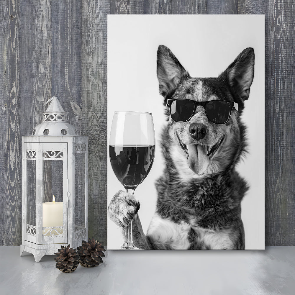 Australian Cattle Dog and Wine Canvas Print Wall Art, Black and White,, Kitchen Wall Decor