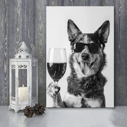 Australian Cattle Dog and Wine Canvas Print Wall Art, Black and White,, Kitchen Wall Decor