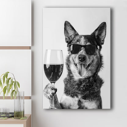 Australian Cattle Dog and Wine Canvas Print Wall Art, Black and White,, Kitchen Wall Decor