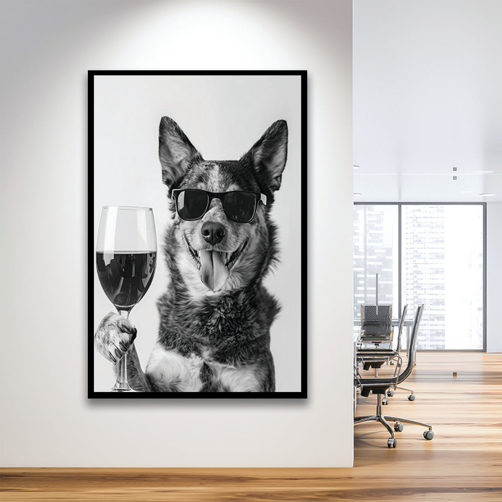 Australian Cattle Dog and Wine Framed Art Print Wall Decor, Black and White, Kitchen Wall Decor