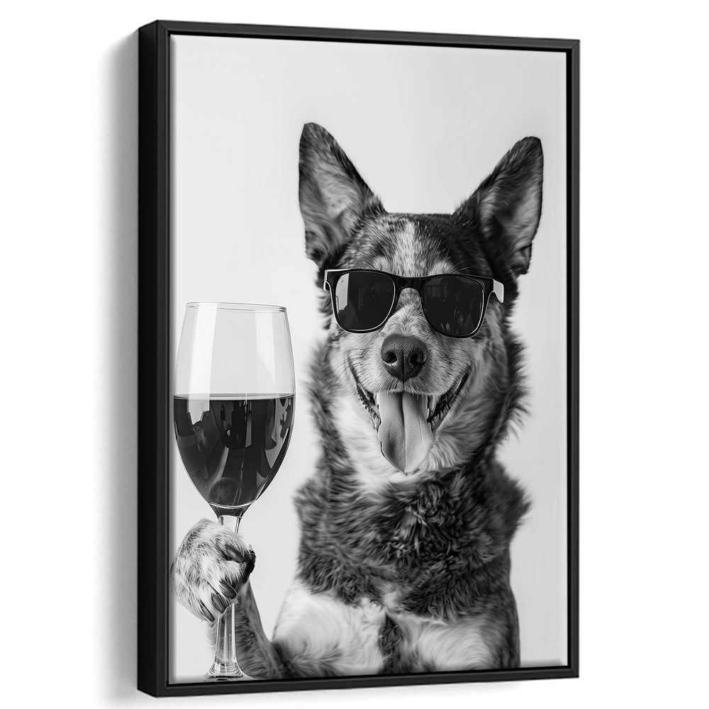 Australian Cattle Dog and Wine Framed Canvas Print Wall Art, Black and White, Kitchen Wall Decor