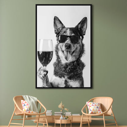 Australian Cattle Dog and Wine Framed Canvas Print Wall Art, Black and White, Kitchen Wall Decor