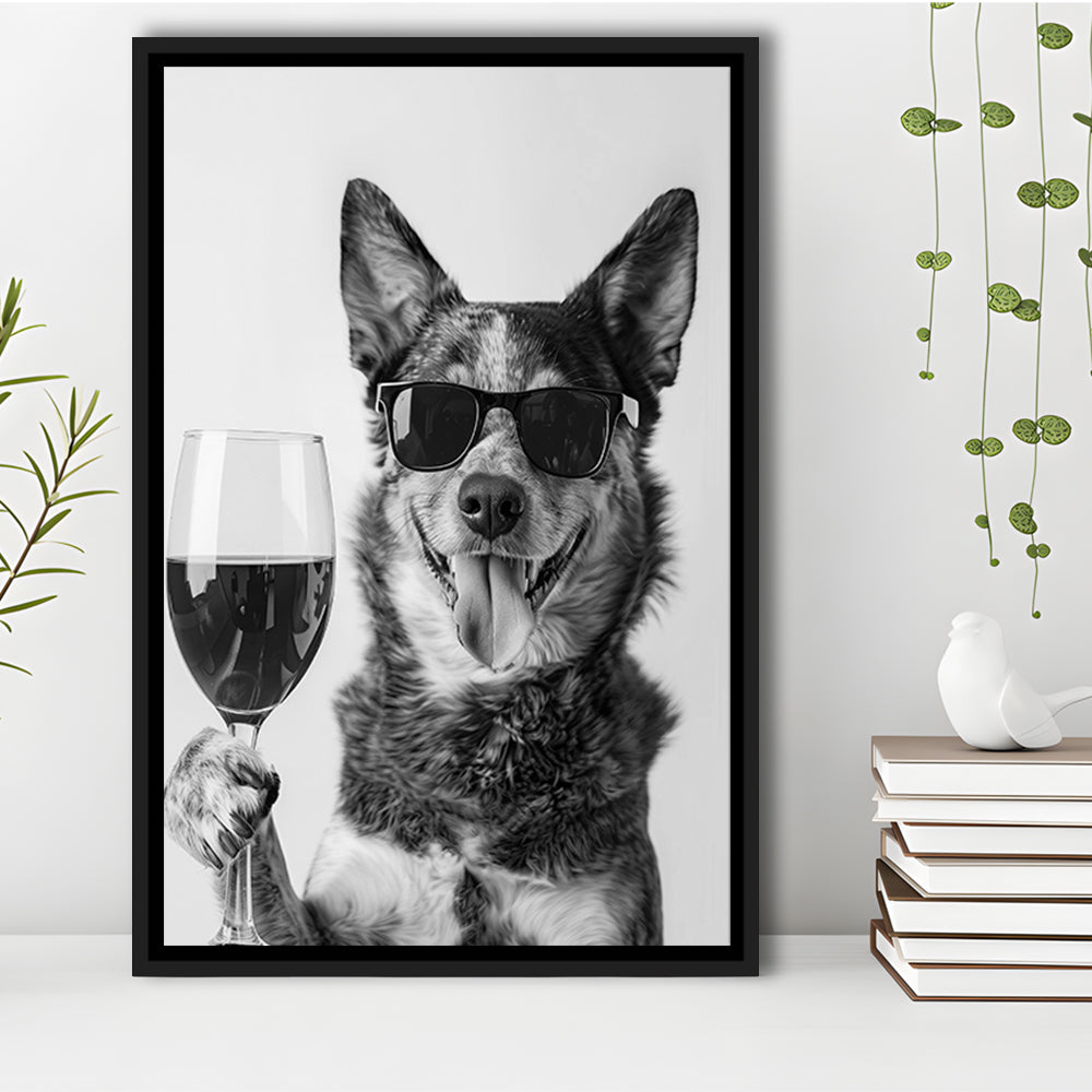 Australian Cattle Dog and Wine Framed Canvas Print Wall Art, Black and White, Kitchen Wall Decor