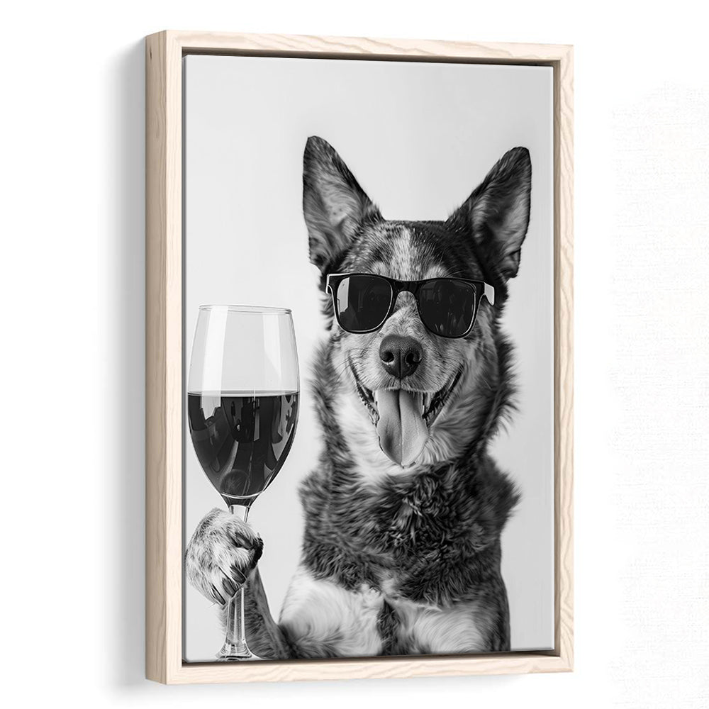 Australian Cattle Dog and Wine Framed Canvas Print Wall Art, Black and White, Kitchen Wall Decor
