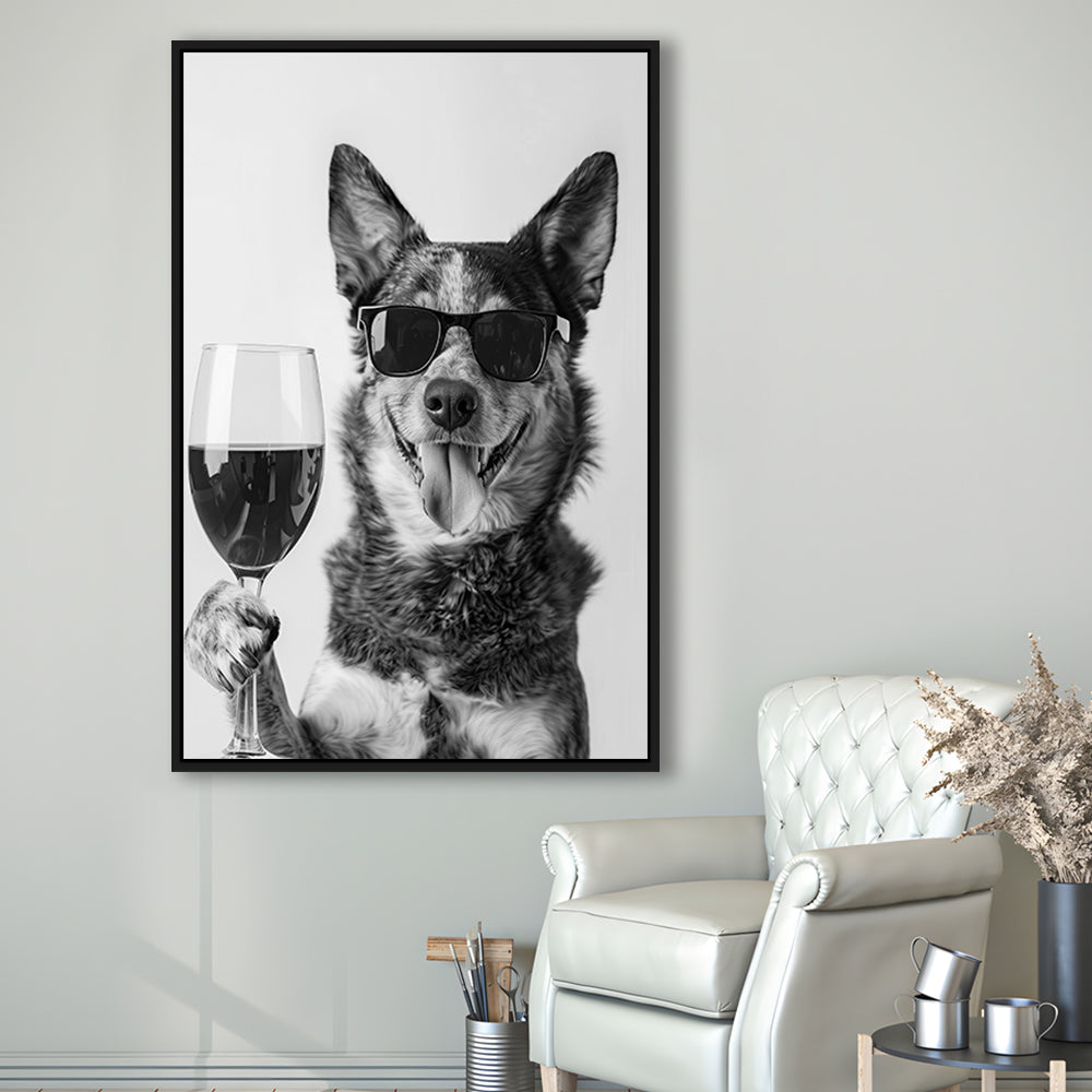 Australian Cattle Dog and Wine Framed Canvas Print Wall Art, Black and White, Kitchen Wall Decor