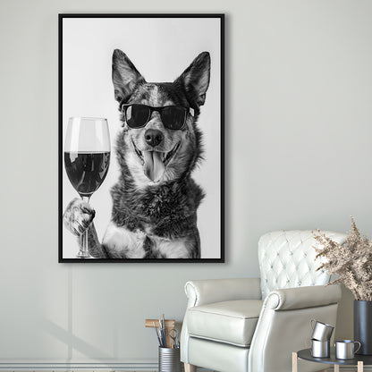 Australian Cattle Dog and Wine Framed Canvas Print Wall Art, Black and White, Kitchen Wall Decor
