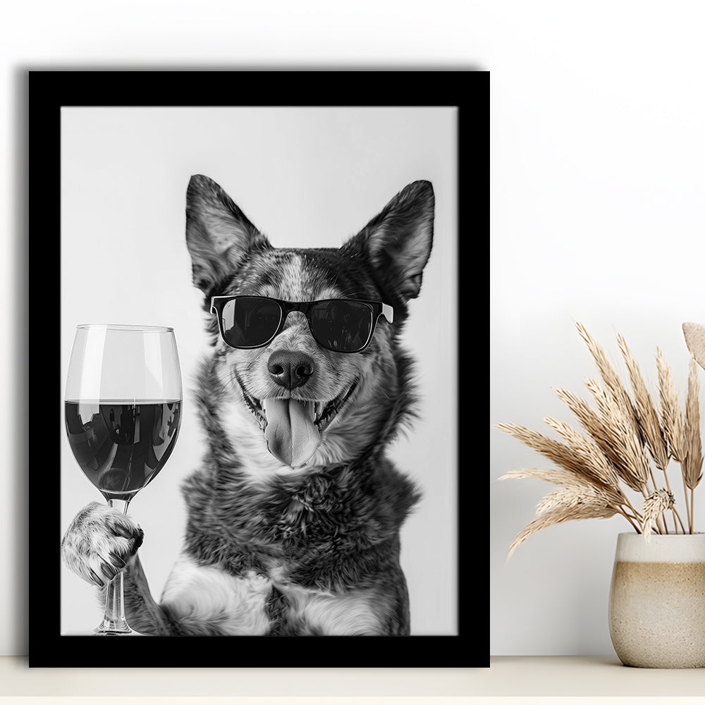Australian Cattle Dog and Wine Framed Art Print Wall Decor, Black and White, Kitchen Wall Decor